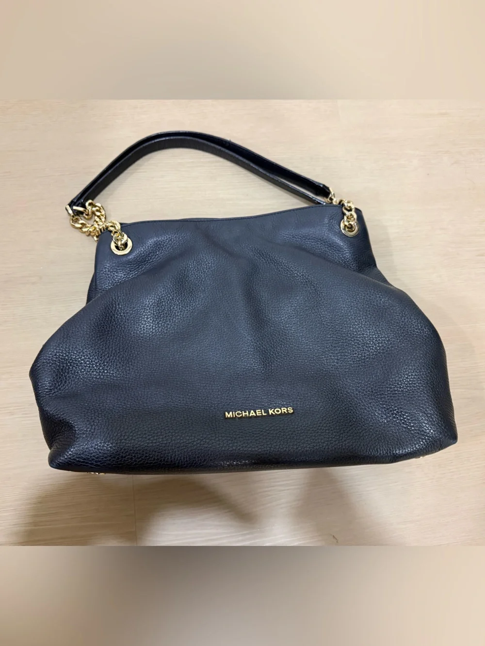 Michael Kors Black Pebbled Leather Shoulder Hobo with Gold Chain Detail